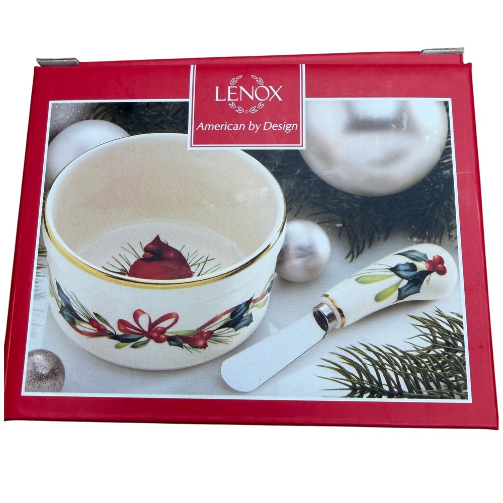 Lenox Winter Greetings Dip Bowl With Spreader White Cardinal Christmas 4.5" NIB